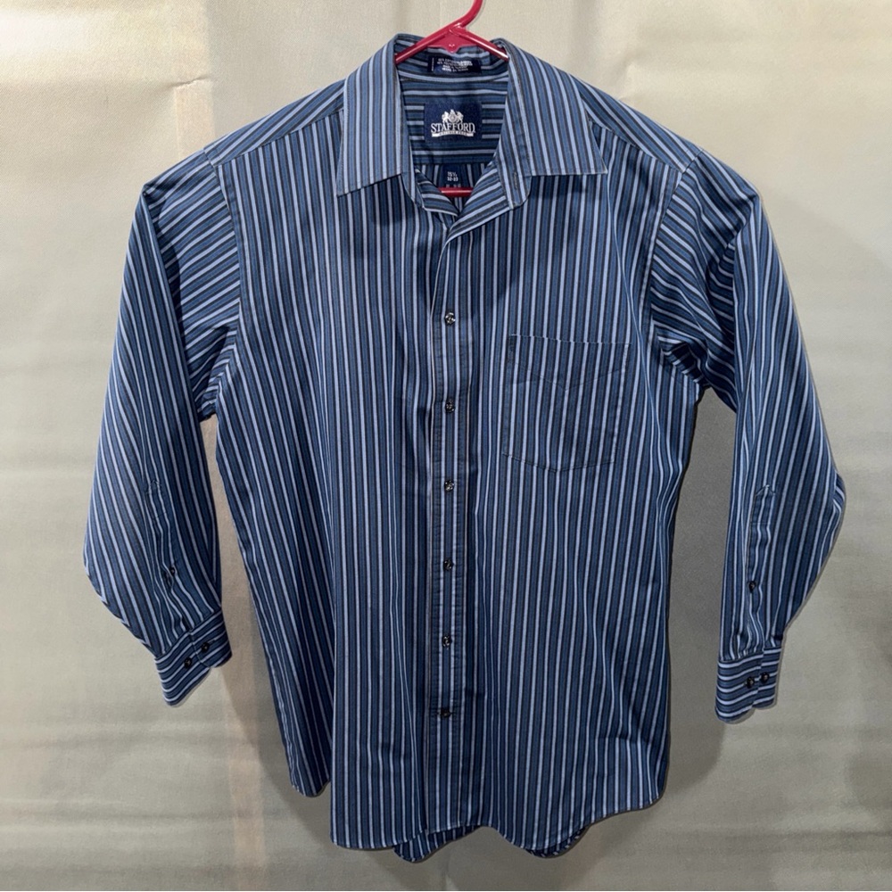 STAFFORD WRINKLE FREE MENS FITTED BLUE STRIPED BUTTON DOWN SHIRT SIZE 15.5 32-33